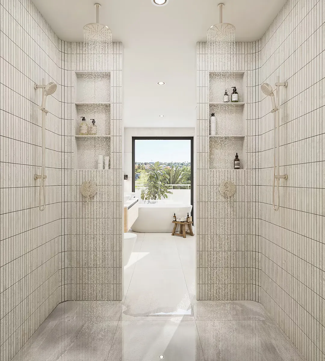 A symmetrical walk-through ensuite lined in fluted tile, with twin showers either side and a freestanding bath framed in the opening beyond.