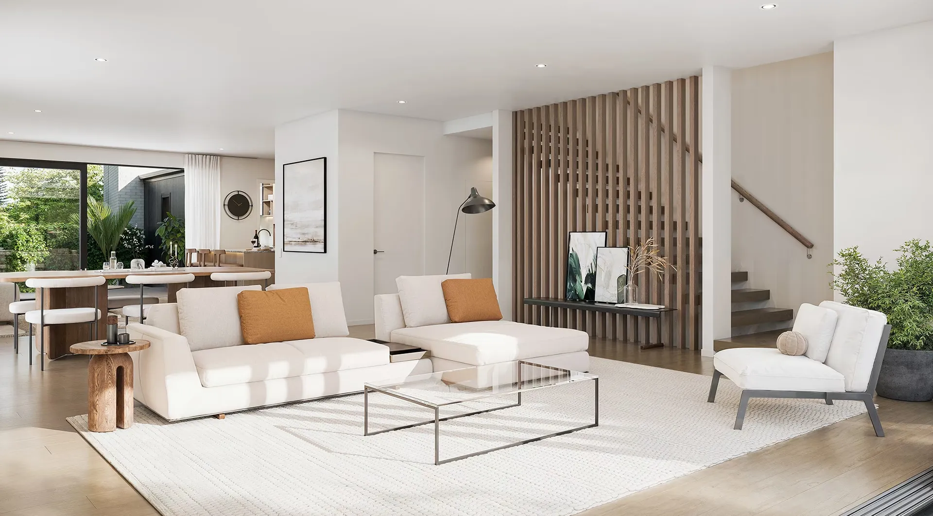 A living room with a pale sectional sofa on a woven rug, a slatted timber screen beside the stair and dining beyond.