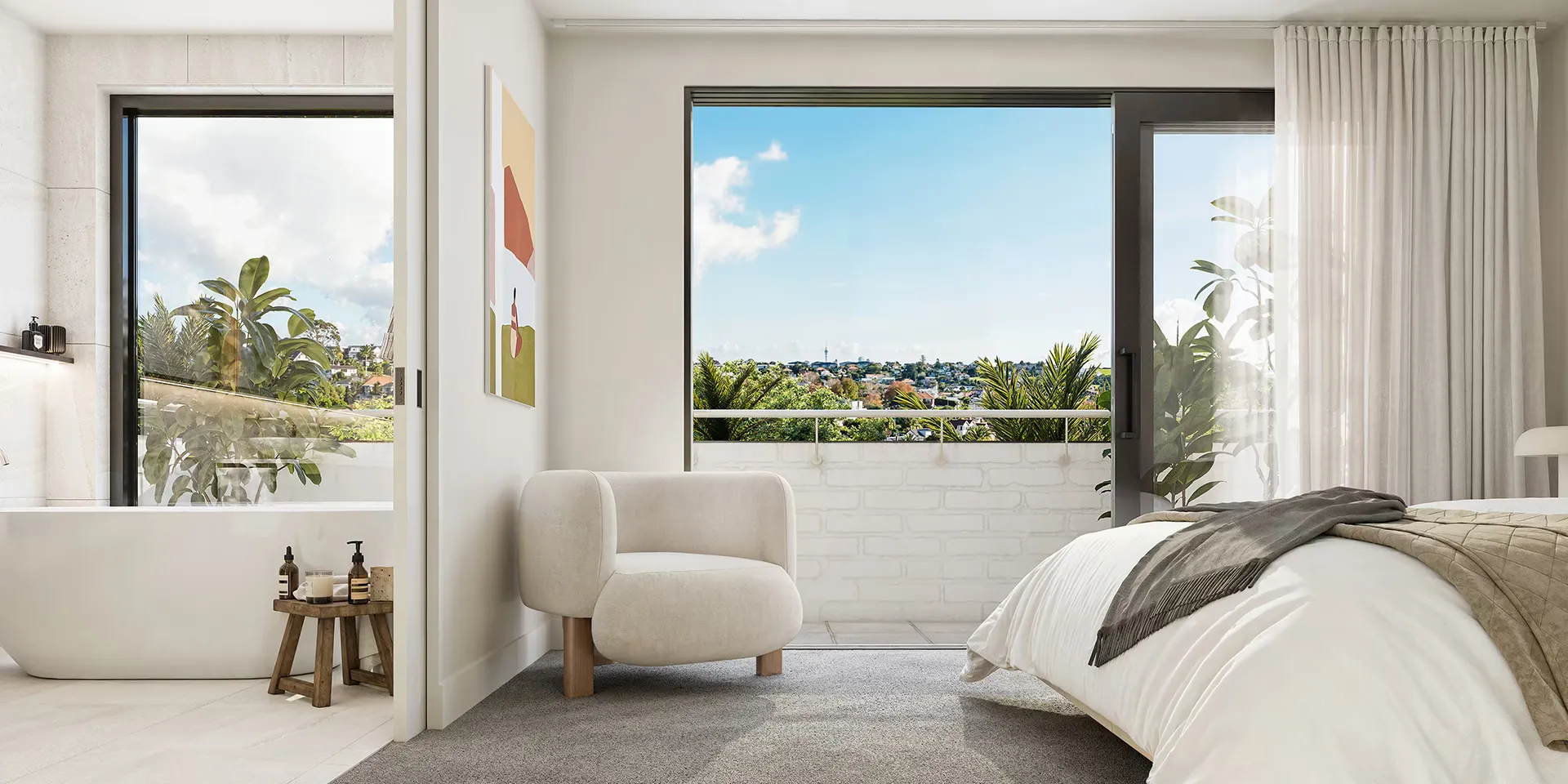 A master bedroom in a letterbox view, with a low bed, an armchair and sliding glazing opening to a balcony above the city.