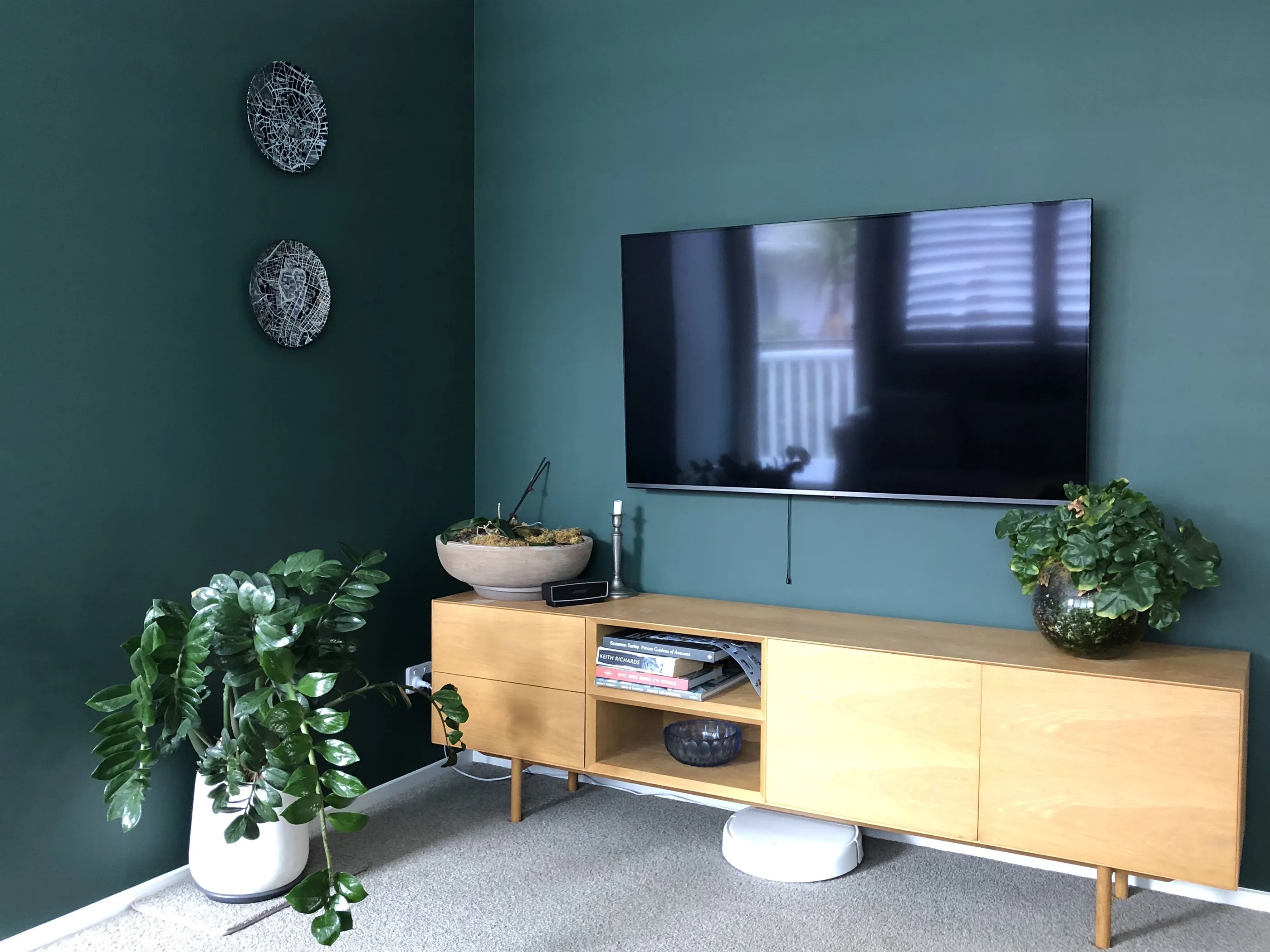 A media room with a deep green wall, an oak sideboard beneath a wall mounted screen and planting either side.