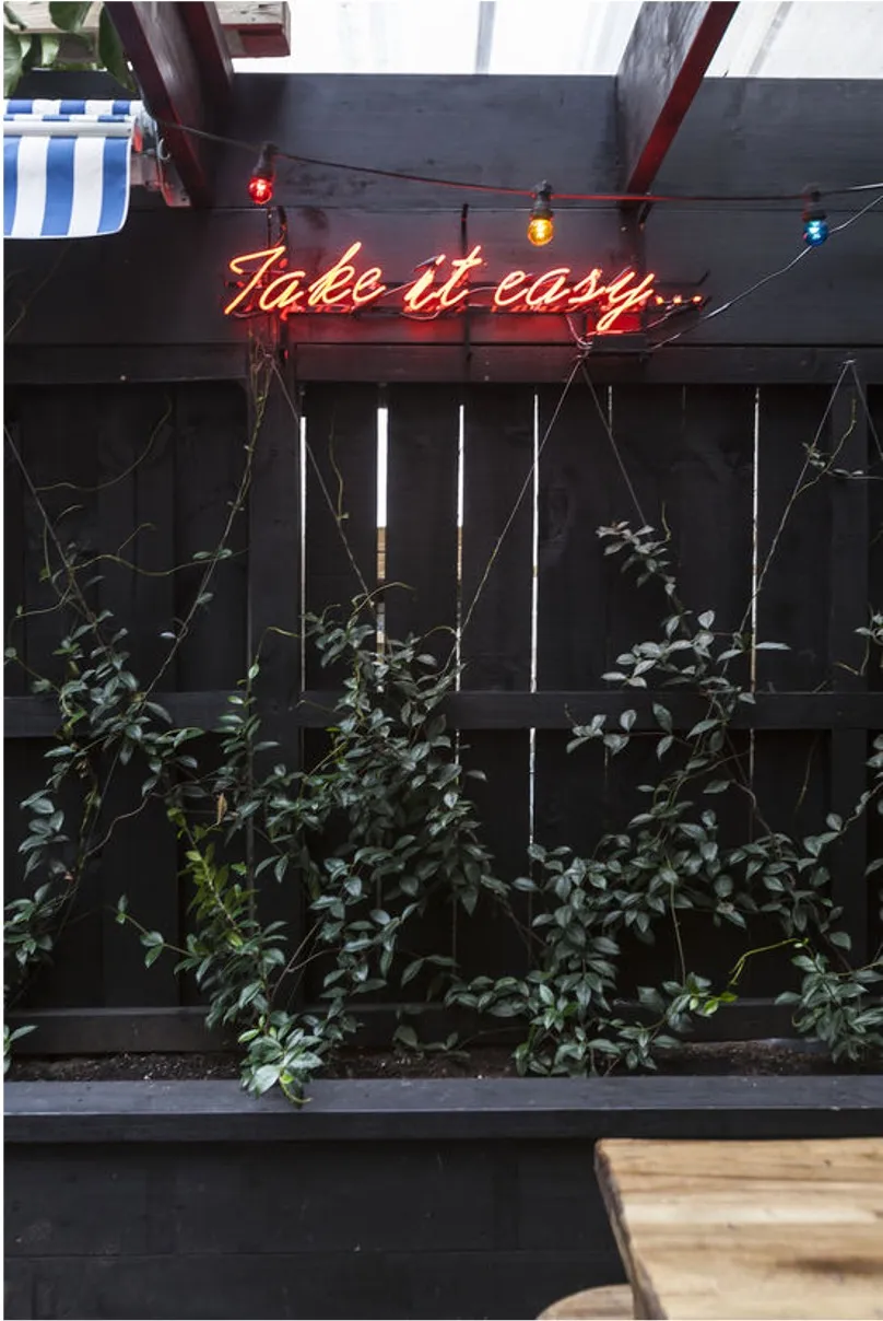 A red neon sign reading "Take it easy" mounted on a wall of black timber battens, with festoon lights strung above and climbing greenery below.