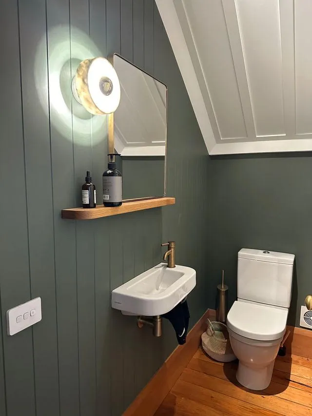 A powder room with a deep green panelled wall, brass tapware over a small white basin and a timber shelf below a round backlit mirror.